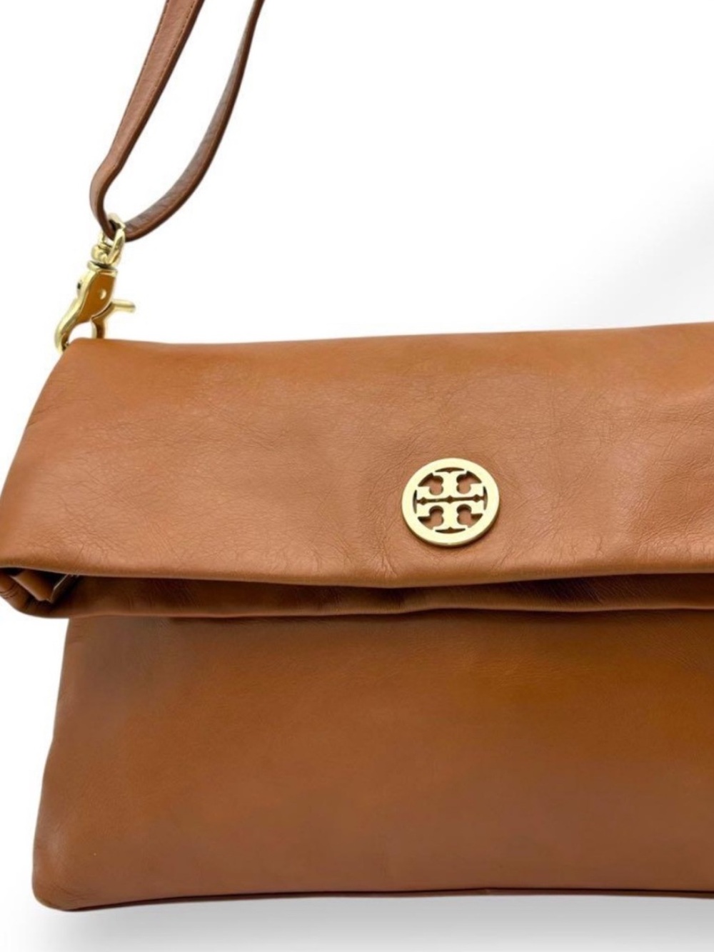 Tory Burch Dena 3-way purse Crossbody Fld Cognac Leather Y2K Clutch Shoulder Bag